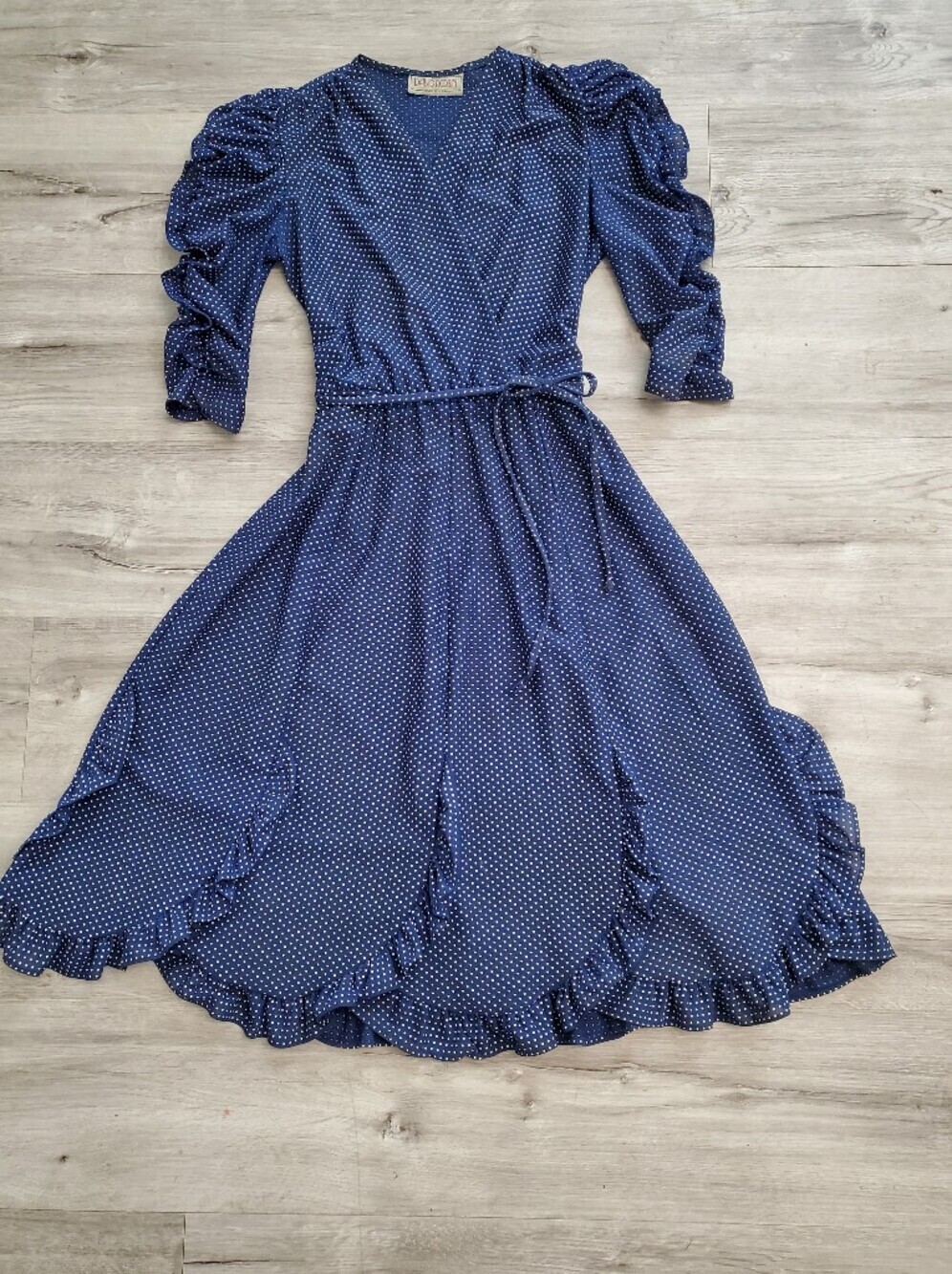 Vintage 70s 80s Navy & White Polka Dot Ruffle Mock Wrap Midi Dress Day Dress